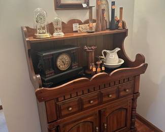 Wooden dry sink, mantel clock, dome clocks