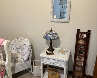 White wicker bedside table, mirror and rocker