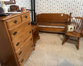 maple tall dresser, full size headboard with frame, nightstand and rocker