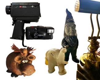 Video Camera, Moose Piggy Bank, Jade Elephant, Antique Gnome, Antique Desk Lamp