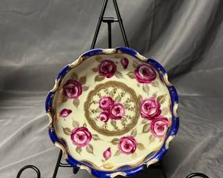 Painted Porcelain Dish, Blue Trim, Pink Flowers