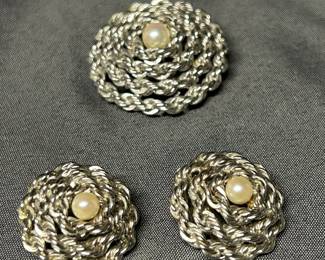 Sterling Silver W Pearl Earrings Pin Set