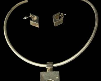 925 Silver Choker Necklace, Pendant Earrings Set