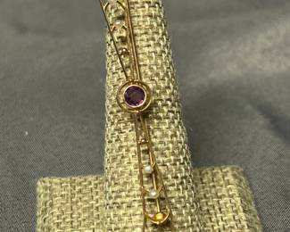 14KT, With Seed Pearls Amethyst Gem Pin