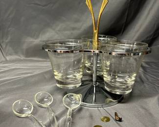 Drink Glasses On Gold Handled Trivet, Vintage