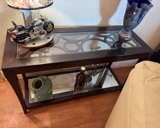 #6 - $90 dark wood console with glass insert and mirror shelve 