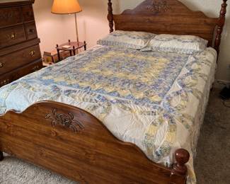 #21 - $280 Queen size pine bedroom set - 3 pieces : Queen bed/ tall chest / dresser & mirror 