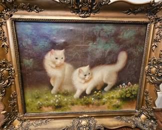antique original oil painting on canvas of white Persian Cats by artist Benno Boleradszky