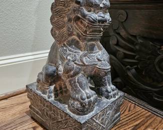 antique carved bench, pair of stone Fu dogs 
