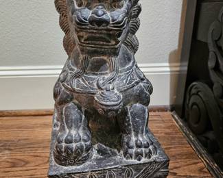 antique carved bench, pair of stone Fu dogs 