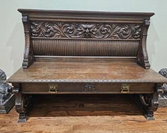 antique carved bench, stone Fu dogs 