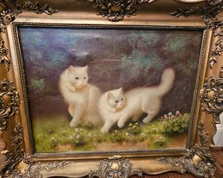 antique original oil painting on canvas of white Persian Cats by artist Benno Boleradszky