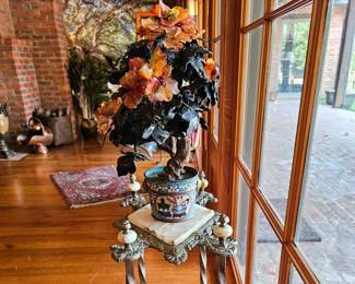 Antique plant stand and hardstone tree in cloisonne pot