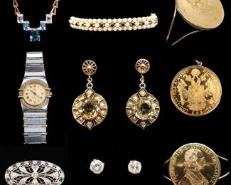 Omega Constellation, gold Austrian 4 ducats, diamond studs, and more.