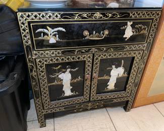 Asian Motif Black Lacquered Cabinet W/ Mother Of Pearl Details (2 Available)