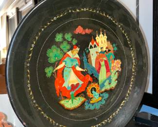 Hand Painted Black Lacquer Russian Motif Plate