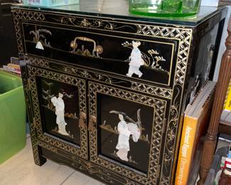 Asian Motif Black Lacquered Cabinet W/ Mother Of Pearl Details (2 Available)