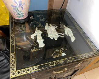 Asian Motif Black Lacquered Cabinet W/ Mother Of Pearl Details (2 Available)