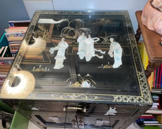 Asian Motif Black Lacquered Cabinet W/ Mother Of Pearl Details (2 Available)