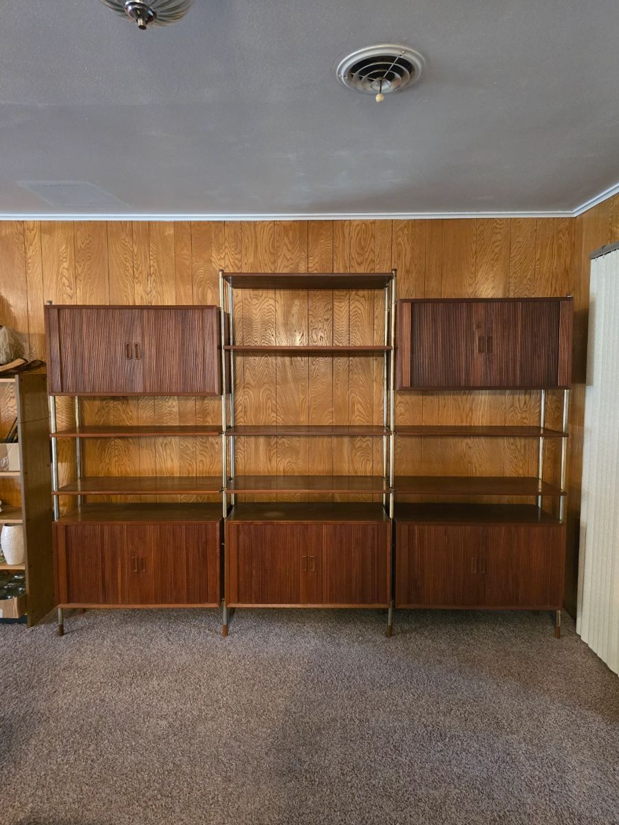 Mobler Mid-Century Modular Wall Unit with three bays. Danish Teak! Roll back doors, and pull out record player stand. Completely customizable, with extra parts.