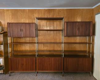Mobler Mid-Century Modular Wall Unit with three bays. Danish Teak! Roll back doors, and pull out record player stand. Completely customizable, with extra parts. 