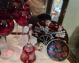 Ruby red goblets with glass stems, bell, enameled art, fan shaped shell inlay Asian art