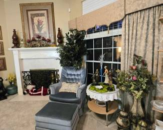 Cloth chair with ottoman, heavy duty side table, figurines, and silk flowers, ALL CURTAINS ARE FOR SALE!