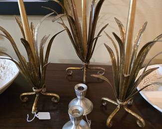 MCM - Mid Century Modern - gilded metal wheat  candlesticks and silver candlesticks