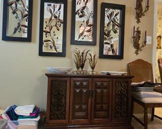 carved wood buffet - circa 1960s, beautiful mirrored botanical wall art and vintage home interior wall sconces