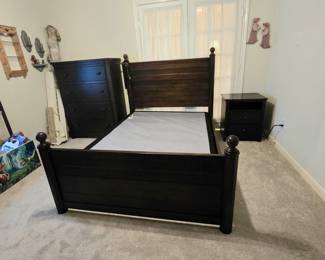 SmartStuff brand bedroom set includes: Full sized headboard, footboard, bed slats and box springs, (headboard has built-in reading light), 4-drawer chest-of-drawers and nightstand with building in outlets for phone charging or lamp. 