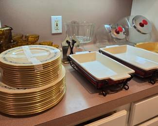 Assorted serving dishes, Lenox plates in the Blueridge pattern, candy jars