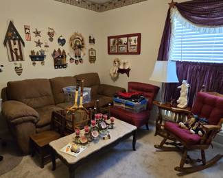 Selection of occasional chairs, vintage rocker (very heavy), coffee table, patriotic wall art and more!