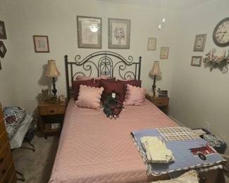 MCM - Vintage, heavy, solid wood bedroom set.  Set includes:  4-drawer dresser, triple dresser with mirror, lingerie or jewelry cabinet, 2 nightstands. metal headboard bed, with mattress and box spring, pair of lamps. Several choices of comforters, pillows and quilts