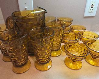 circa 1970s - Vintage Whitehall diamond/cube amber glasses, dissert dishes and pitcher
