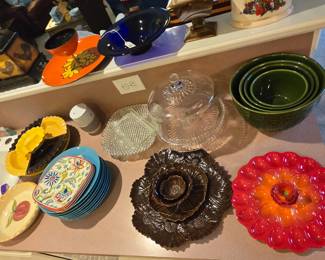 colorful serving dishes, deviled egg dish, mixing bowl set, covered cake plate, pie plates