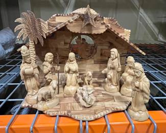 Olive wood nativity made in the Holy Land, plays "Silent Night"