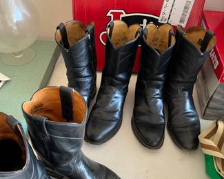 Quality Justin boots:  2 pair used mens' size 10.5EE, 1 pair new in box 10.5 EE.  1 pair size 8D.  All black leather