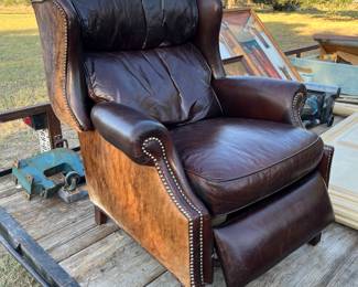 Gorgeous Bradington Young leather and cowhide wingback recliner with nailhead trim