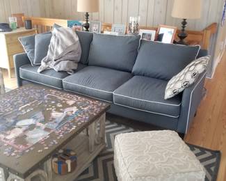 Braxton Culler contemporary blue couch with white piping