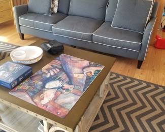 Braxton Culler contemporary blue couch with white piping