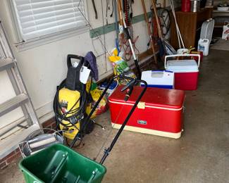 Spreader, coolers, electric pressure washer, various outdoor tools 