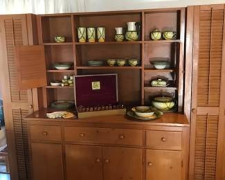 Large cabinet solid wood -great for kitchen, china, etc. 
— Complete set of silverplate flatware in chest. 