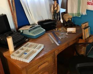 Old teacher’s oak desk with typewriter “lift.! 2 typewriters 
& vintage “Patriot” lamp; wagon lamp! 