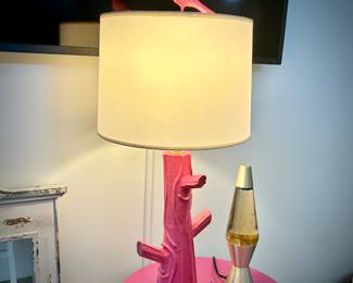 Pink lamp with bird finial