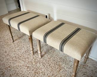 Pair of blue ticking ottomans