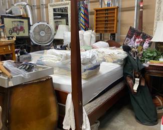 Queen sized canopy bed, Stearnes and Foster Queen mattress set, bed linens, Euro pillows, tons of throw pillows billiards ball board, golf clubs, tennis racquets
