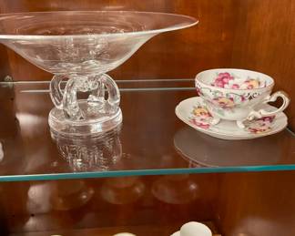 Stueben Bowl (there are two bowls; other one pictured separately). Tea cups and saucers