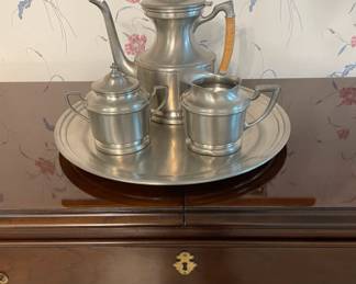 Pewter Coffee set. Tray has engraving on it.