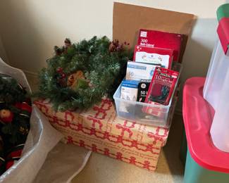 Christmas decorations box. Garland. New light sets.