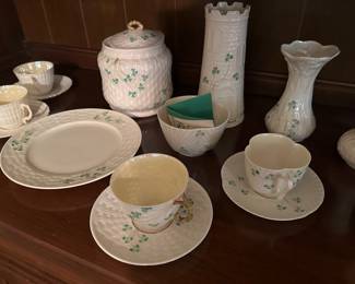 Belleek Harp Shamrock, Basketweave Shamrock, Limpet Yellow fine Irish china